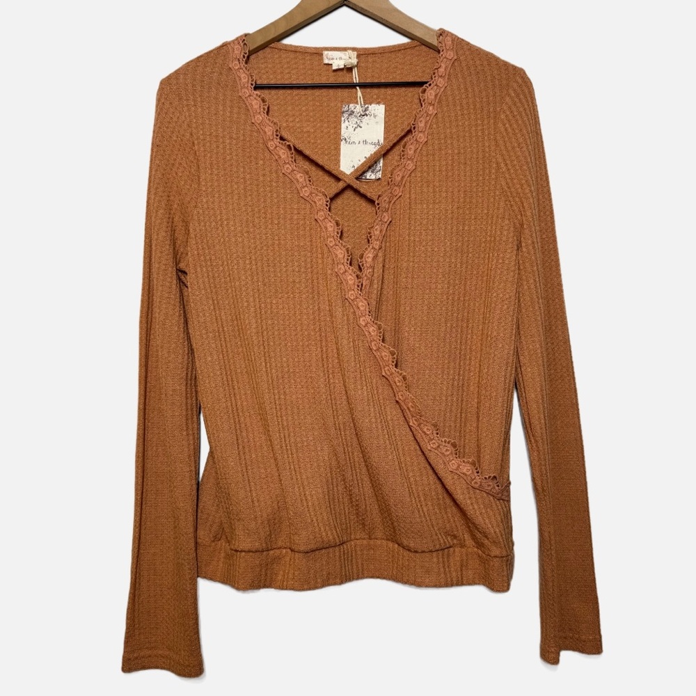 Hem & Thread burnt orange waffle knit faux wrap top lace trim boho bohemian L